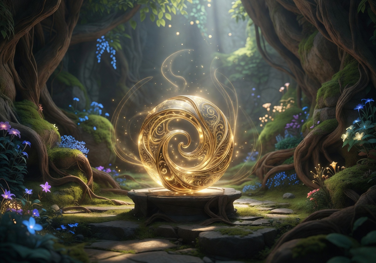 A golden elven artifact emitting soft magical light for daily rewards