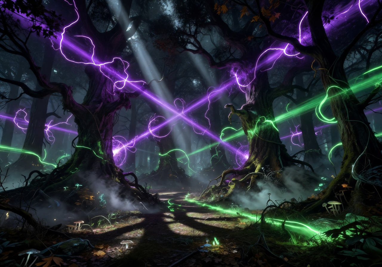 Purple and green energy beams in a dark enchanted forest