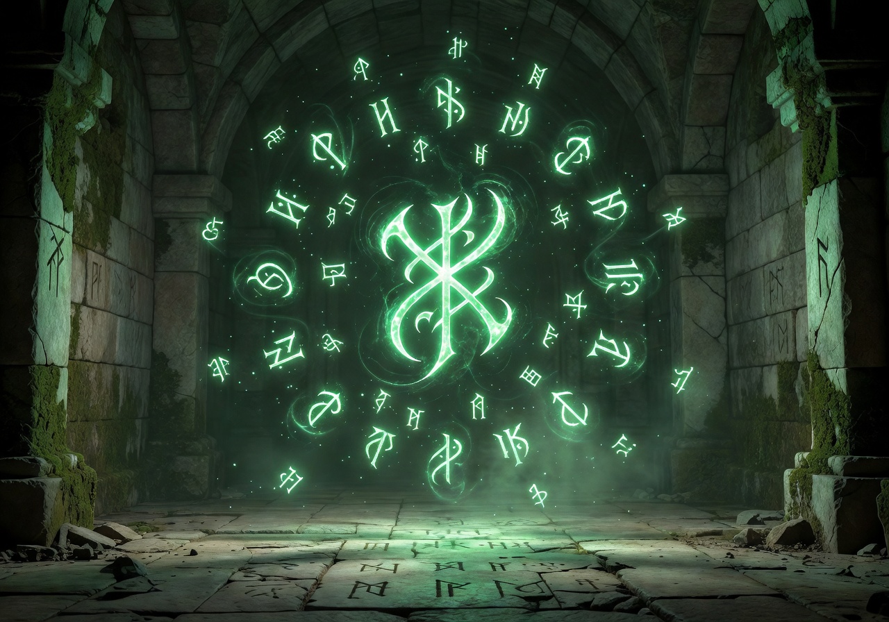 Glowing green magical runic symbol representing instant play magic